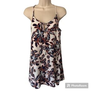 Timing white floral tank top with blue and orange flower print V neck with tie M